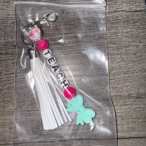 Teacher Keychain with White Tassel and Pink Beads